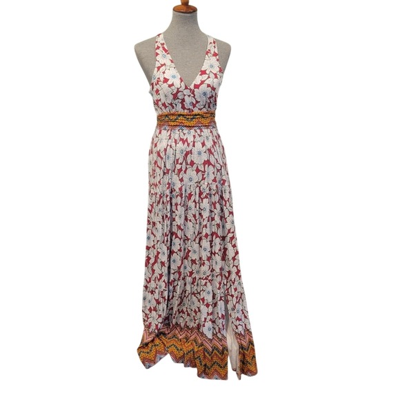 Boho Cottagecore Anthropologie Maeve Floral VNeck CutOut Red White Maxi S Dress - Picture 2 of 12
